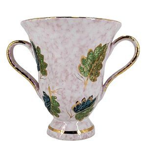 Italy Handled Vase Pink Sponge Leaf Design Gold Trim Flare Top Footed 103/15 VTG